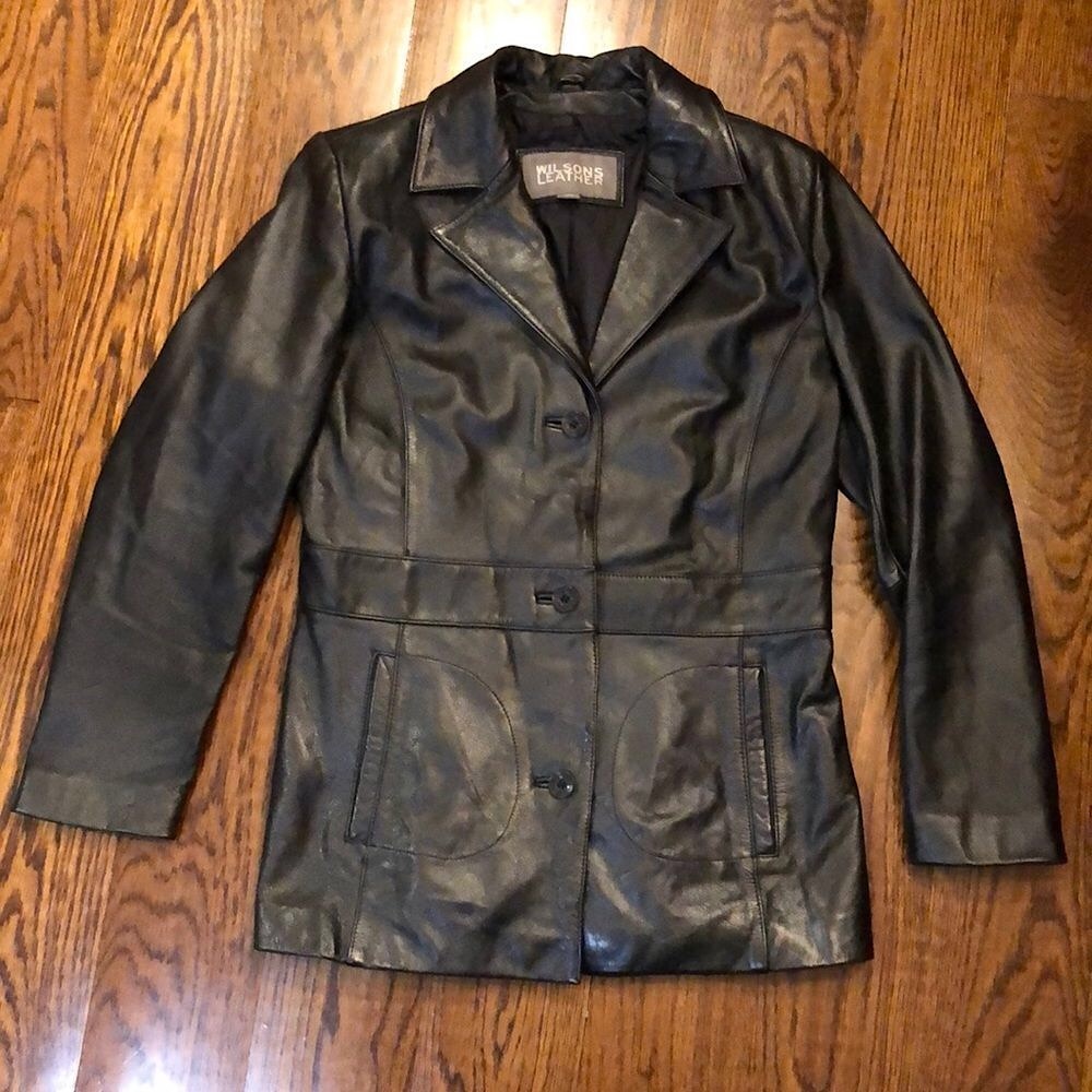 W WILSONS LEATHER Black Leather Long Line Pea Coat with Single Breast Faux Belt